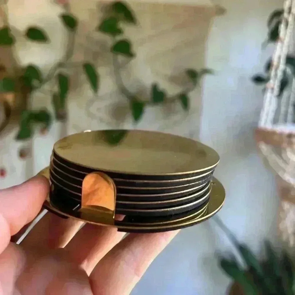 IKEA GLATTIS Coasters with holder, brass / gold color, 3 